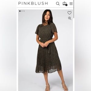 Pinkblush Black Leaf Print Pleated Midi Dress